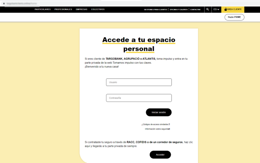 Se muestra en el enlace al que se ha accedido, en él se muestra el formulario de acceso supuestamente de Targobank en el que se solicita que se introduzca usuario y contraseña para iniciar sesión.
